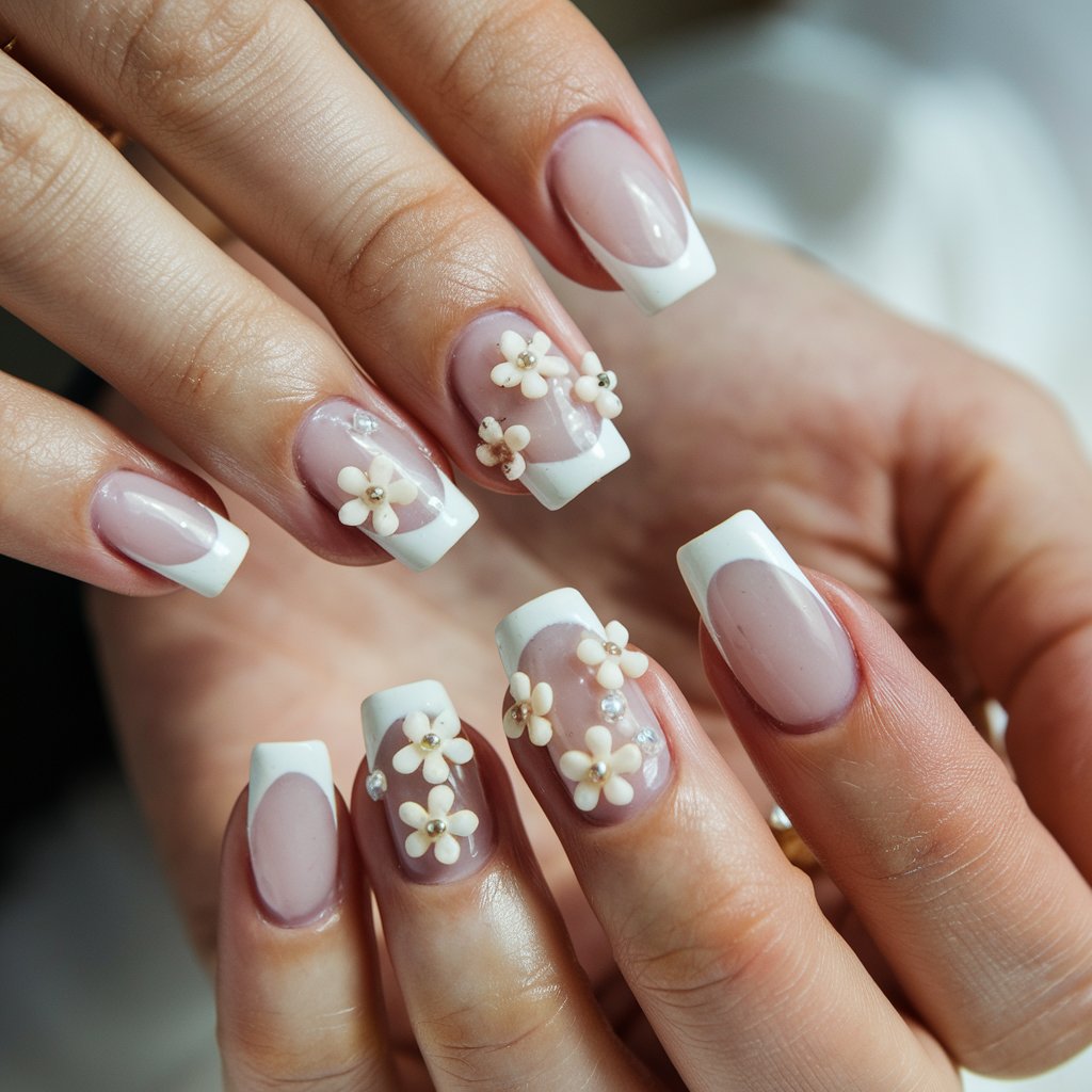 A close-up of a woman's hand with five fingers adorned with milky French nails enhanced by 3D floral embellishments. The creamy white tips and sheer pink base serve as the perfect canvas for tiny sculpted flowers, delicately placed for a romantic and elegant touch. Her fingers are slightly curled inward, showcasing the intricate 3D floral details under natural lighting, which enhances the glossy finish. The blurred background keeps the focus on the textured nail art, while her well-maintained cuticles and soft skin contribute to the sophisticated look. A simple pearl ring on her pinky finger complements the floral aesthetic.