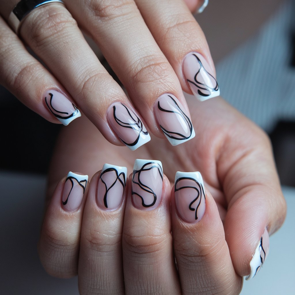 A close-up photo of a woman's hand with five fingers adorned with milky French nails. The nails feature bold abstract black detailing, including thin, artistic black abstract dots. The nails have a glossy finish. The fingers are delicately arranged. The background is blurred. The woman has neatly maintained cuticles and well-moisturized skin. She wears a sleek silver band on her index finger.