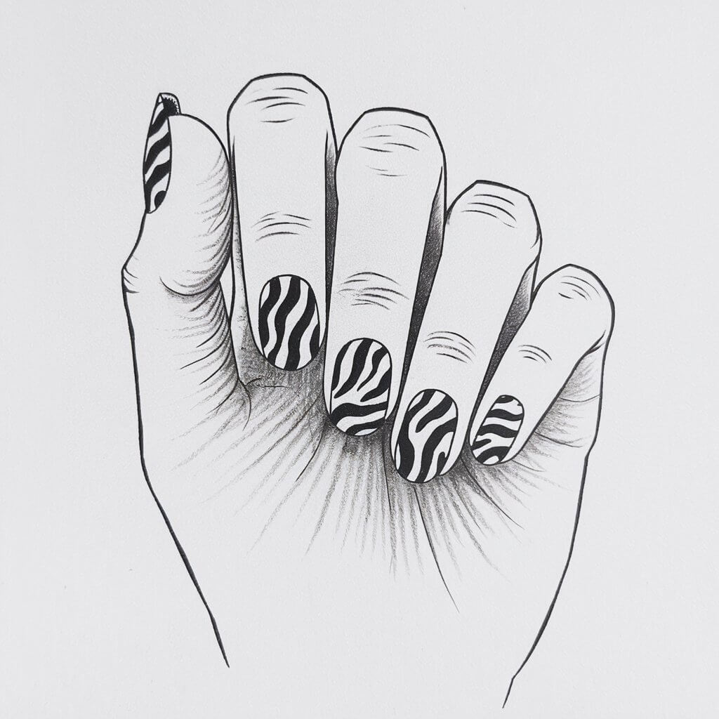 A minimalist, plain white background pencil drawing illustration of a five-fingered woman's hand with nails decorated with bold animal print patterns. Each nail features a unique design of zebra stripes drawn with crisp, defined lines. The nail shapes are varied, from square to oval, adding diversity. Subtle shading enhances the patterns, making them appear seamlessly integrated into the nail surface. The fingers are slightly spread, allowing a full view of the striking designs. Drawn in a simplistic style, the high-contrast patterns stand out beautifully against the plain white background.