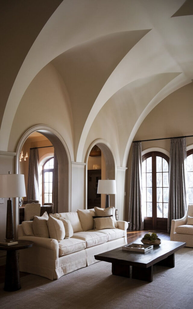 A photo of a sophisticated vaulted ceiling living room. The room features beautifully arched doorways that echo the ceiling's curves, creating a seamless flow between rooms while softening the dramatic height of the ceiling. A cozy sofa in off-white linen sits beside a dark wood coffee table, enhancing the warm and inviting ambiance.