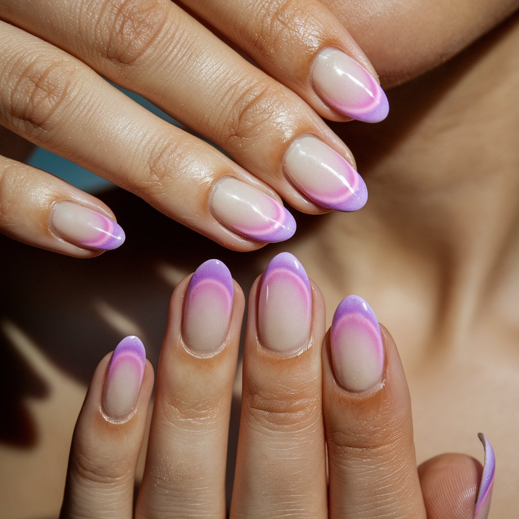 A close-up of a woman's hand with five fingers adorned with a soft milky pink and purple aura nail design. The airbrushed gradient creates a glowing halo effect, blending the colors seamlessly. The glossy finish catches the natural background lighting beautifully, adding a dreamy touch. The nails are shaped into a natural oval, and the radiant skin complements the ethereal quality of the purple and pink nails.