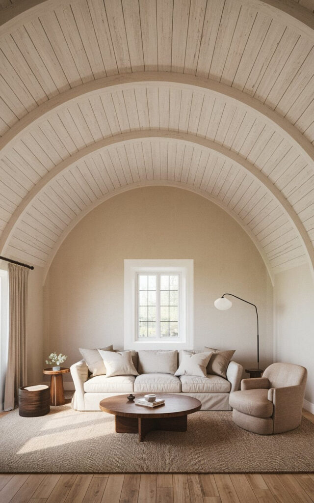 A living room with a stunning vaulted ceiling featuring a gracefully curved barrel ceiling lined with whitewashed wooden planks. The soft arch creates a sense of movement and flow, making the space feel intimate yet grand. A very cozy sofa in natural linen rests below a round wooden coffee table, while pendant lights add a subtle glow.