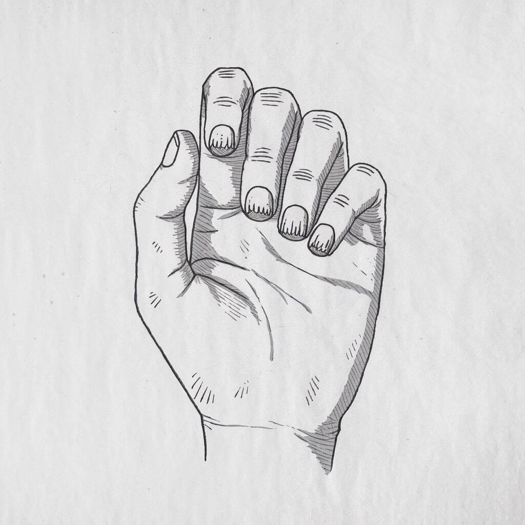 A minimalist, plain white background pencil drawing illustration of a five fingered hand with short, uneven, and visibly bitten nails. The nail edges are jagged, with small irregularities that highlight a rough, imperfect appearance. Light, feathery shading emphasizes subtle ridges and uneven texture. The surrounding skin appears slightly irritated, with small lines and creases near the cuticle area. The fingers are naturally posed, slightly curled inward, adding a sense of realism to the anxious expression. Drawn in a simplistic style, the image effectively conveys the details of a nervous habit while maintaining a clean and minimalist aesthetic.