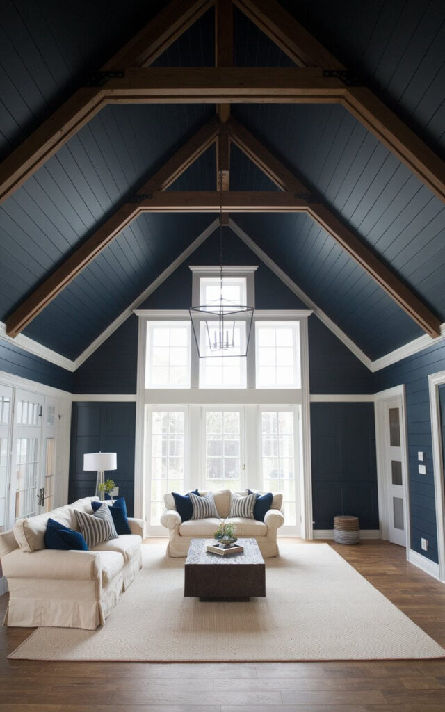 A dramatic living room with a vaulted ceiling. The ceiling is painted deep navy blue, creating a bold contrast with the crisp white walls. Wooden beams add warmth to the design. A cream-colored linen sofa is placed near the window, offering a cozy spot to unwind. A geometric chandelier hangs from the peak. A dark wood coffee table sits in the middle of the room. The room's oversized windows provide ample natural light, preventing the bold ceiling from feeling too heavy.