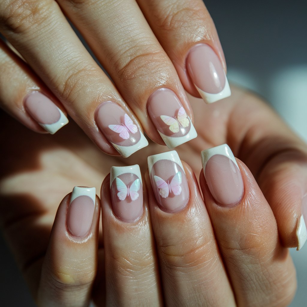 A close-up shot of a woman's hand with five fingers. Each finger is adorned with milky French nails featuring delicate butterfly nail art. The soft pink base seamlessly blends into creamy white tips. Tiny pastel-colored butterflies are gracefully placed on select nails. The glossy finish enhances the intricate details of the design. The fingers are slightly fanned out to display the butterfly accents under natural lighting, which casts a subtle glow on the glossy surface. The blurred background keeps the focus on the manicure, while her well-moisturized skin and perfectly groomed cuticles add to the elegant appearance.