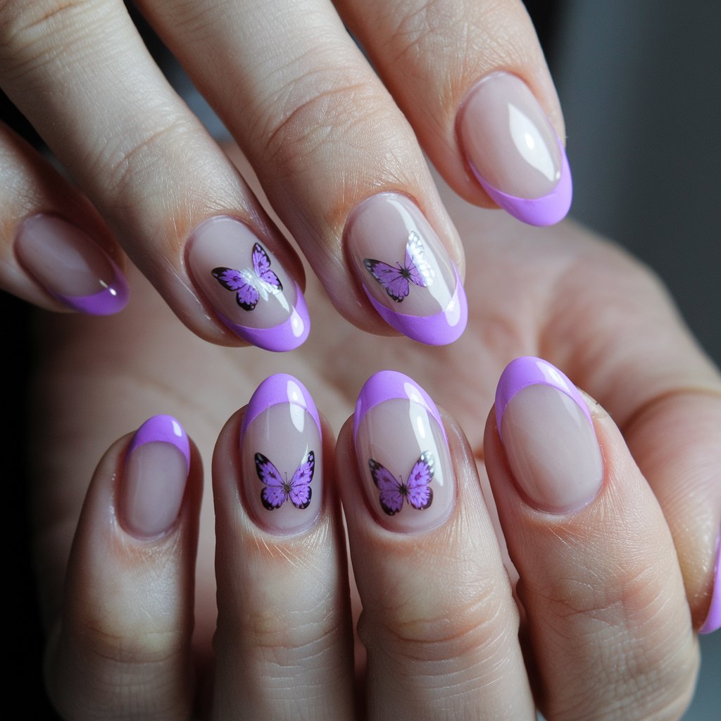 A photo of a woman's hand with five fingers, each with an elegant French tip manicure. The nails have a soft pink tip and are adorned with delicate purple butterfly accents. The fine details of the butterflies shimmer under the natural background lighting, creating a whimsical effect. The nails have a slightly rounded almond shape, and the smooth, hydrated skin complements the dainty design of the purple and pink nails beautifully.