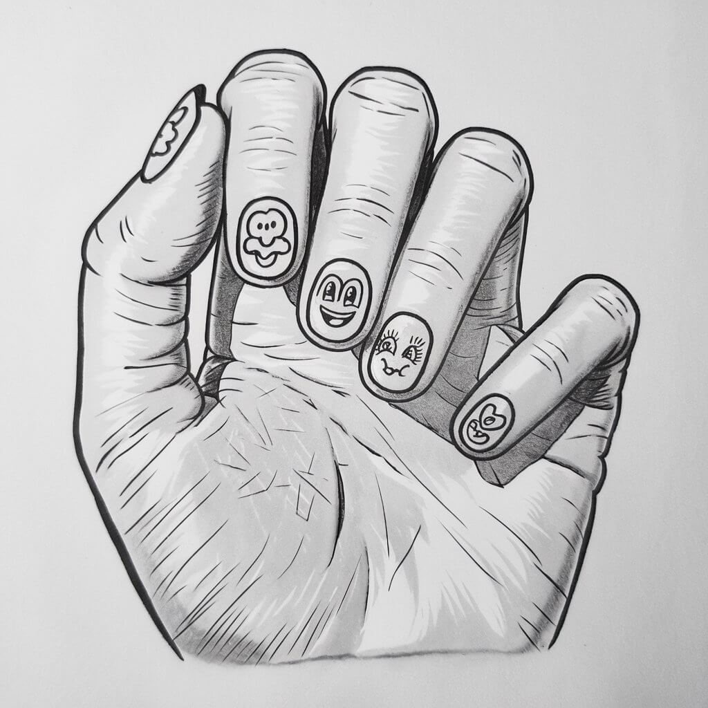 A pencil drawing illustration of a woman's hand with playful cartoon-style nail art designs. The nails are short and rounded, with exaggerated, bold outlines. Each nail features fun elements like tiny speech bubbles, expressive eyes, and thick-lined hearts. The fingers are relaxed. The drawing is simplistic, with high-contrast lines and minimal shading. It is set against a plain white background.