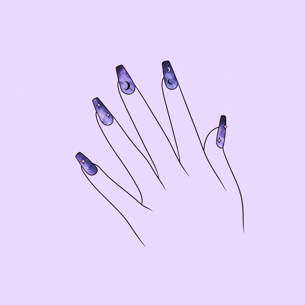 A minimalist, plain white background pencil drawing illustration of a five-fingered woman's hand with nails adorned with celestial designs. The nails are medium-length with slightly curved edges, featuring tiny moons, stars, and swirling galaxy patterns in purple and blues. The fingers are gracefully extended, allowing each celestial element to be displayed prominently. The illustration is drawn in a simplistic style, focusing on delicate details and evoking a sense of wonder while maintaining an elegant minimalism against the plain white background.