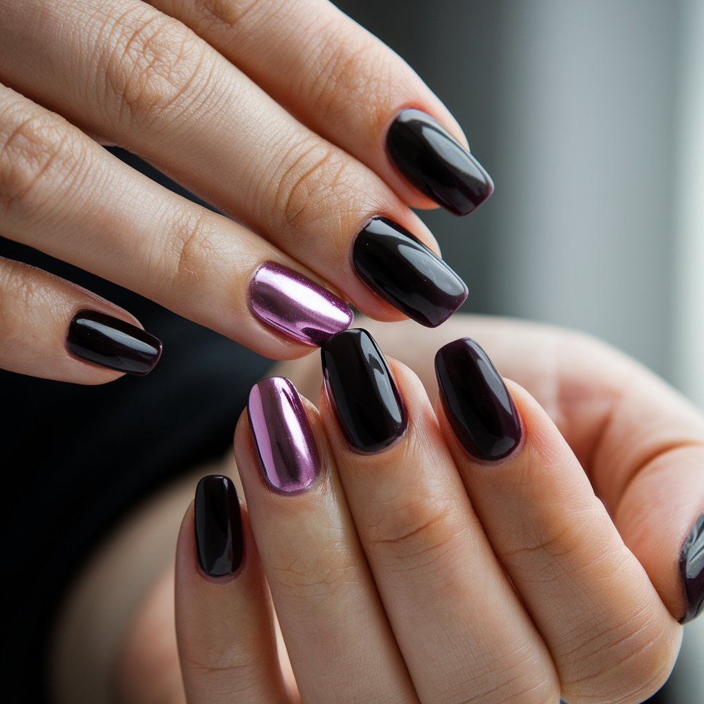 A close-up shot of a well-moisturized woman's hand with a sophisticated dark plum manicure. The nails are shaped into a sleek coffin style, and the smooth, hydrated skin enhances the contrast between the dark base and the glowing chrome of the purple and pink nails. The nails have soft pink chrome accents, which shimmer subtly under natural background lighting, adding depth and luxury to the manicure.