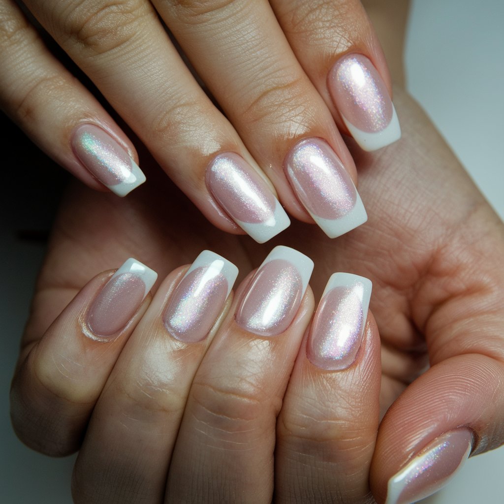 A close-up shot of a woman's hand wearing milky French nails with a pearly white chrome glaze. The nails have a sheer, pink-toned base that transitions into milky white tips. There's an opalescent sheen on the nails that reflects the natural lighting. The high-shine finish enhances the ethereal, futuristic effect.