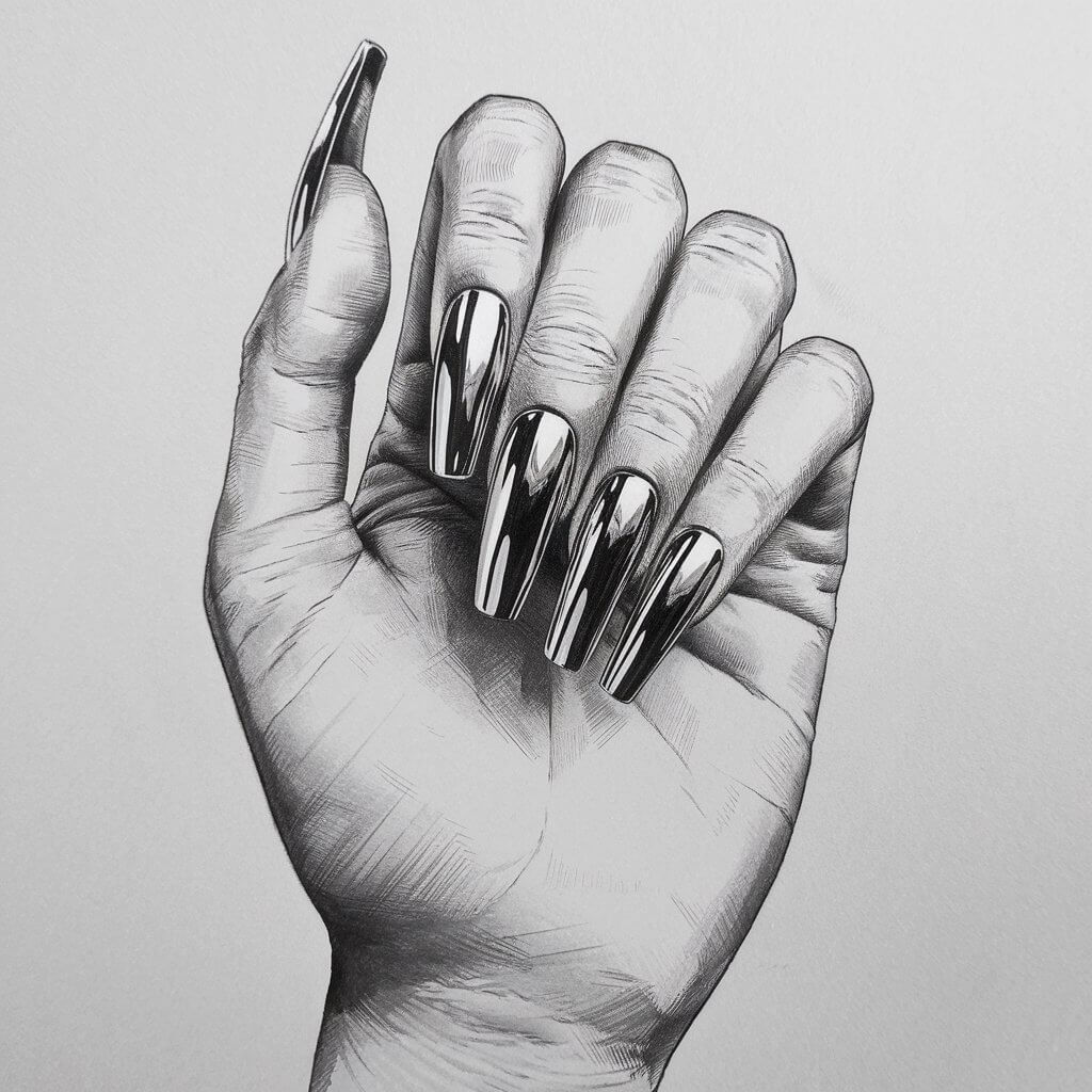 A pencil drawing of a woman's hand with long, sleek, coffin-style nails that have a reflective chrome finish. The nails are showcased on the hand, which is placed on a plain white background. The nails have high-contrast shading that mimics the mirror effect, with sharp highlights and deep shadows. The fingers are positioned gracefully, emphasizing the smooth, polished silver look of the nails. The drawing is in a simplistic style, with clean lines and shading techniques that bring out the metallic effect.