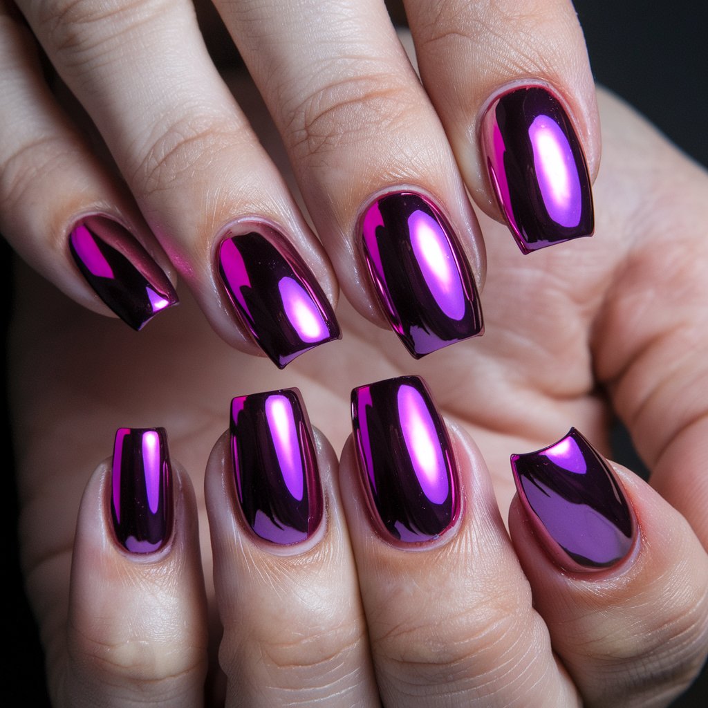 A photo of a woman's hand with five chrome nails in rich magenta and violet tones. The nails are in a coffin shape and reflect the natural background lighting, creating a mesmerizing mirror effect. The metallic hues shift with movement, adding depth and dimension. The cuticles are meticulously maintained, and the skin appears soft and radiant, enhancing the futuristic allure of the purple and pink nails.