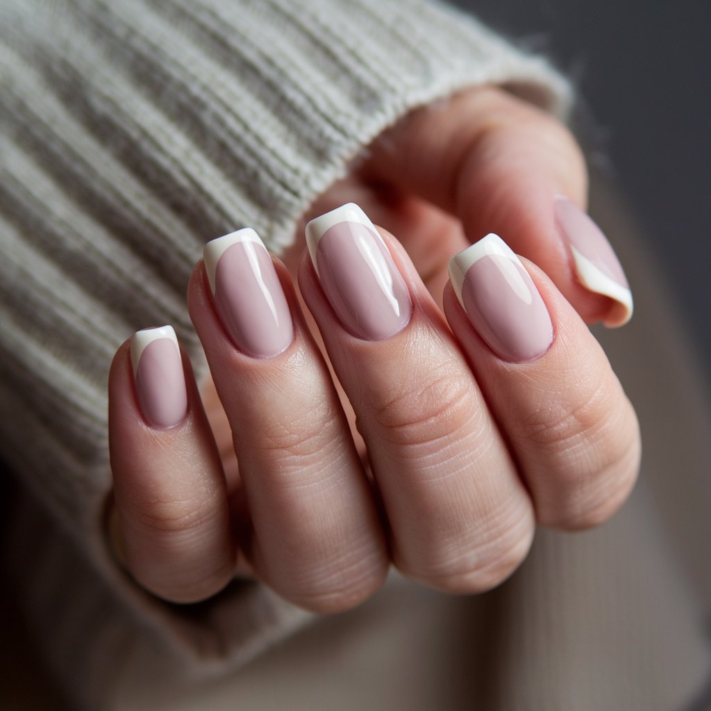 A photo of a woman's hand with five fingers, each adorned with classic milky French nails. The nails have a soft, sheer pink base that smoothly transitions into creamy, opaque white tips. Each nail is shaped into a natural, slightly rounded square, giving a timeless and sophisticated appearance. The glossy top coat enhances the seamless blend between the base and tips, reflecting soft light. The hand is gracefully positioned, fingers slightly curled to showcase the manicure. The background is blurred, with a neutral-toned sweater sleeve gently covering part of the wrist, adding warmth to the image.