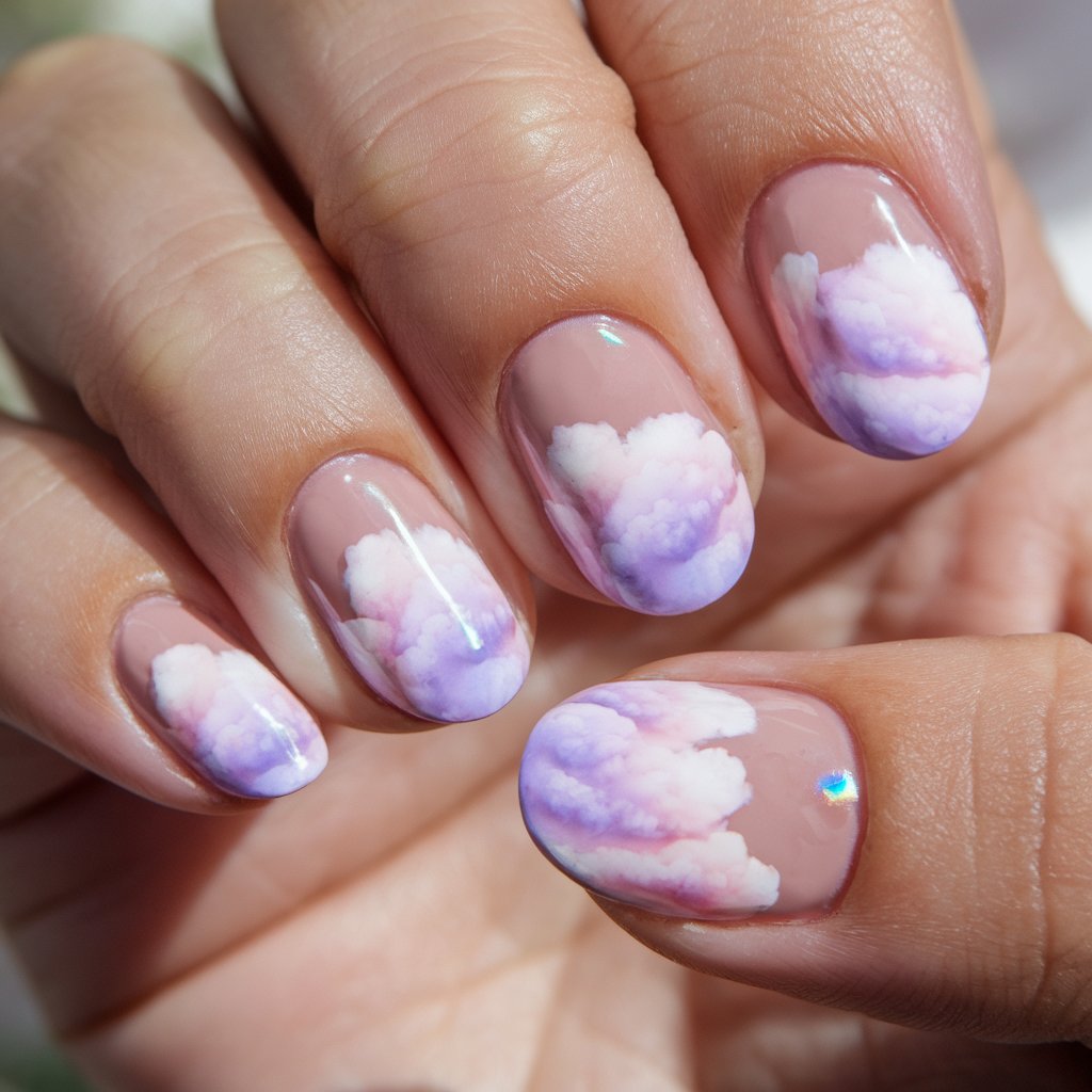 A close-up photo of a woman's hand with a dreamy pastel pink and lilac cloud manicure. The nails have a sheer pink base and are adorned with soft, fluffy white and purple clouds. There are subtle iridescent details that catch the light. The nails have a rounded shape and the skin is dewy. The background is natural and softly lit.