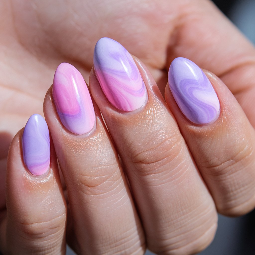 A close-up photo of a woman's hand with five fingers, each having a cotton candy-inspired nail design. The nails are soft pink and purple, with swirls that blend into each other. The colors create a dreamy, cloud-like effect that glows under natural background lighting. The nails have a gentle almond shape. The dewy skin adds a fresh, lighthearted touch to the whimsical purple and pink nails.