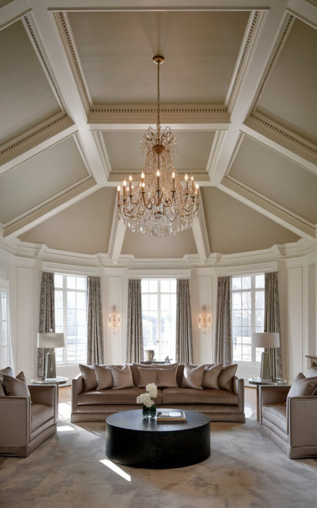 A photo of a grand vaulted ceiling living room with elegant crown molding that extends seamlessly into the ceiling design. The molding frames the ceiling, adding a touch of classic refinement. A very cozy sofa in soft taupe sits below, with a round black coffee table in front of it. A dramatic chandelier hangs from the ceiling, casting a warm, luxurious glow throughout the space.