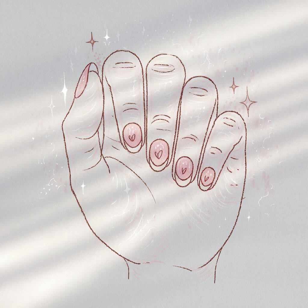 A minimalist, plain white background pencil drawing illustration of a five fingered woman's hand with short, rounded nails featuring soft, delicate designs. Each nail is sketched with smooth, curved edges, accentuating their naturally short and neat appearance. The nails are colored in baby pink color. Tiny heart and star motifs are subtly drawn onto the nail surface, adding a whimsical touch. Light shading creates a soft, gentle glow, mimicking the pastel tones without the use of color. The fingers are slightly curved, displaying the nails in an endearing and elegant manner. Drawn in a simplistic style, the entire illustration radiates a playful, dreamy aesthetic with a focus on subtle detailing.