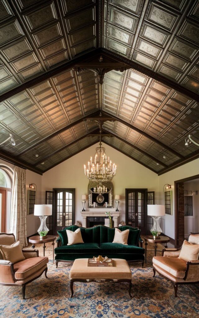 A luxurious vaulted ceiling living room featuring decorative tin ceiling tiles that add texture and elegance. The metallic finish of the tiles reflects ambient light, enhancing the room's grandeur. A very cozy sofa in deep emerald velvet serves as the centerpiece, surrounded by vintage-inspired furniture. The intricate ceiling details create a timeless and sophisticated atmosphere in the space.