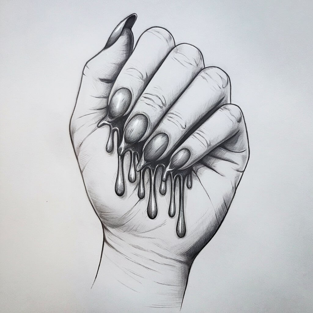 A pencil drawing of a woman's hand with medium-length, rounded nails. The nails have a dripping paint effect, with thick, glossy polish cascading unevenly from the tips. The drips have light shading along their edges, creating depth and making the liquid appear slightly raised. The fingers are slightly curled, emphasizing the natural flow of the dripping effect. The drawing is in a simplistic style, with smooth lines and delicate shading. The hand is placed on a plain white background.