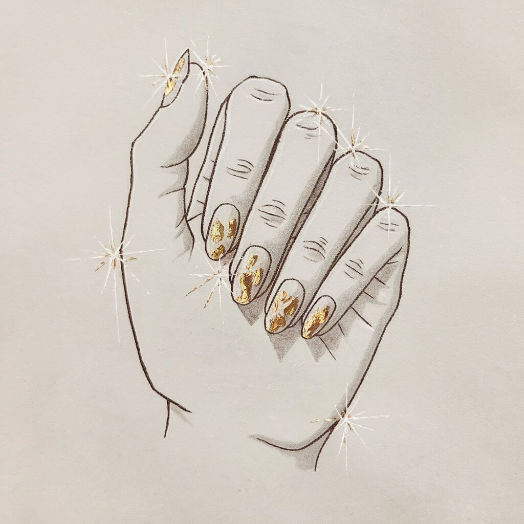 A minimalist, plain white background pencil drawing illustration of a five-fingered woman's hand with nails embellished with delicate gold foil accents. The nails are medium-length with an oval shape, featuring irregular foil patches drawn with fine, jagged edges. Light shading enhances the metallic texture, creating a shimmering effect. The fingers are gently spread apart to display the intricate design. Drawn in a simplistic style, the elegant yet minimal detailing of the gold foil contrasts beautifully with the plain white background.