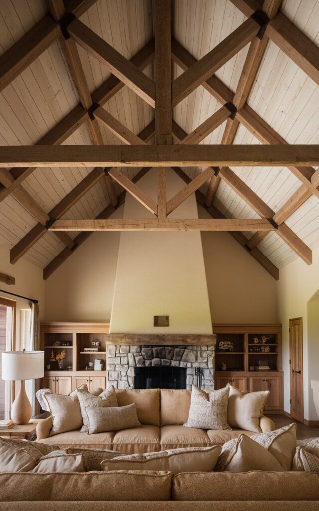 A photo of a rustic living room with a vaulted ceiling and exposed wooden trusses. The ceiling's height and structure are emphasized. The natural wood finish enhances the organic beauty of the space. There's a soft lighting. Below, a cozy sofa in a warm beige fabric is adorned with textured throw pillows, inviting comfort and relaxation. A stone fireplace adds to the rustic charm.