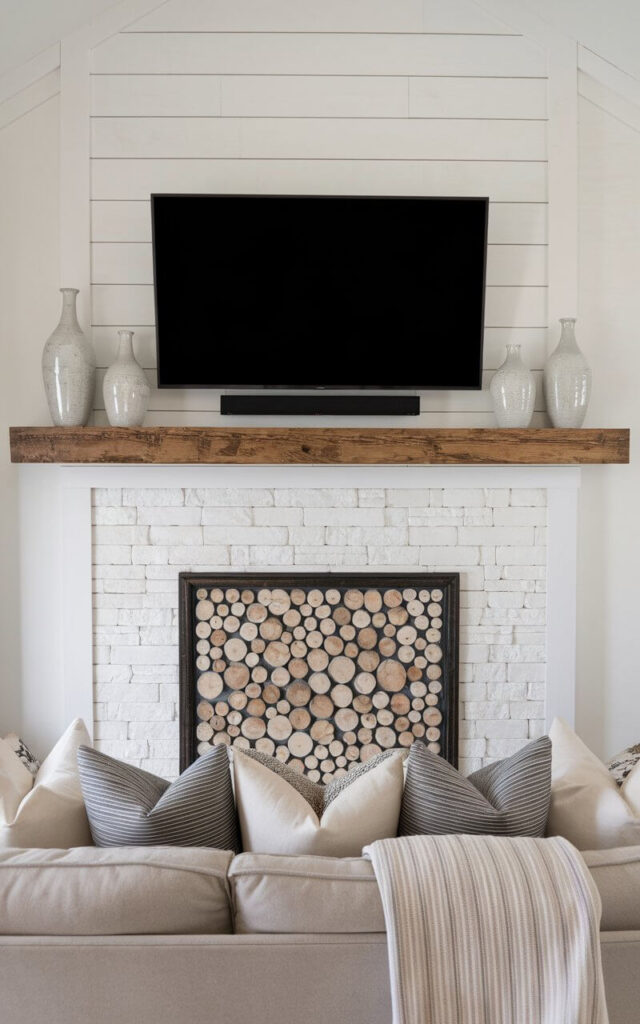 A living room with a minimalist decor. There's a white wooden mantel and a white stone surround fireplace. Above the mantel, a large flat-screen television is mounted on a shiplap-paneled wall. On either side of the mantel, two identical decorative ceramic vases are symmetrically placed. The fireplace opening is covered with a decorative panel showcasing a collection of circularly cut logs in various sizes, arranged in a tight pattern and framed with dark trim. A cozy sofa, styled with layered throw blankets and textured pillows, faces the fireplace, completing the inviting scene.