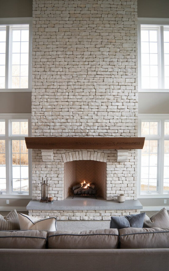 A photo of a living room with a grand floor-to-ceiling fireplace as the focal point. The fireplace is clad in stacked stone from base to ceiling, with a rich wooden mantel at the top. A cozy sofa with plush throw pillows is placed in front of the fireplace. The room has large windows that let in soft, natural light. The high ceilings and light tones of the stone and sofa contrast with the dark wooden mantel.