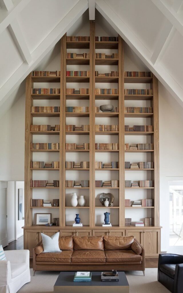 A photo of a living room with a stunning vaulted ceiling. There is a custom-built, floor-to-ceiling wooden shelving unit that emphasizes the vertical space. The shelves house a curated collection of books and decorative pieces. A cozy brown leather sofa sits below the shelves, along with a modern coffee table. The towering shelves make the vaulted ceiling an integral part of the design.