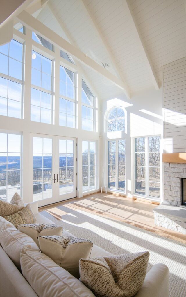 A bright and airy living room with a vaulted ceiling. The room features expansive floor-to-ceiling windows that offer breathtaking views of the outdoors. Sunlight pours into the space, enhancing the openness of the high ceilings. A cozy sofa with textured cushions is positioned to take advantage of the view. The room features natural wood accents and a sleek stone fireplace, grounding the soaring ceiling with a warm, organic feel.