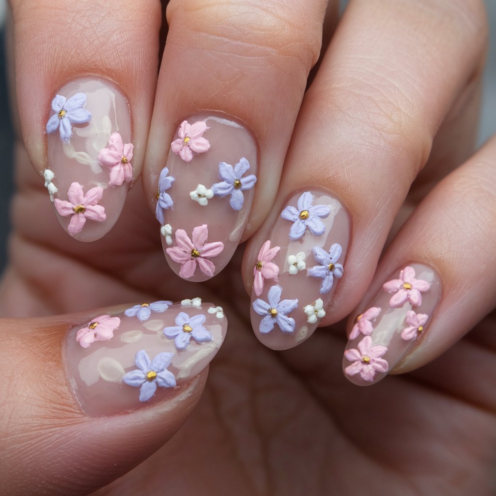 A photo of a close-up shot of a woman's hand with five fingers. Each fingertip has a dainty floral nail design. The design consists of baby pink and lilac flowers painted on a sheer nude base. The flowers have tiny petals and intricate details. The nails are short and almond-shaped. The skin on the hand is luminous and healthy. The overall image has a romantic touch.