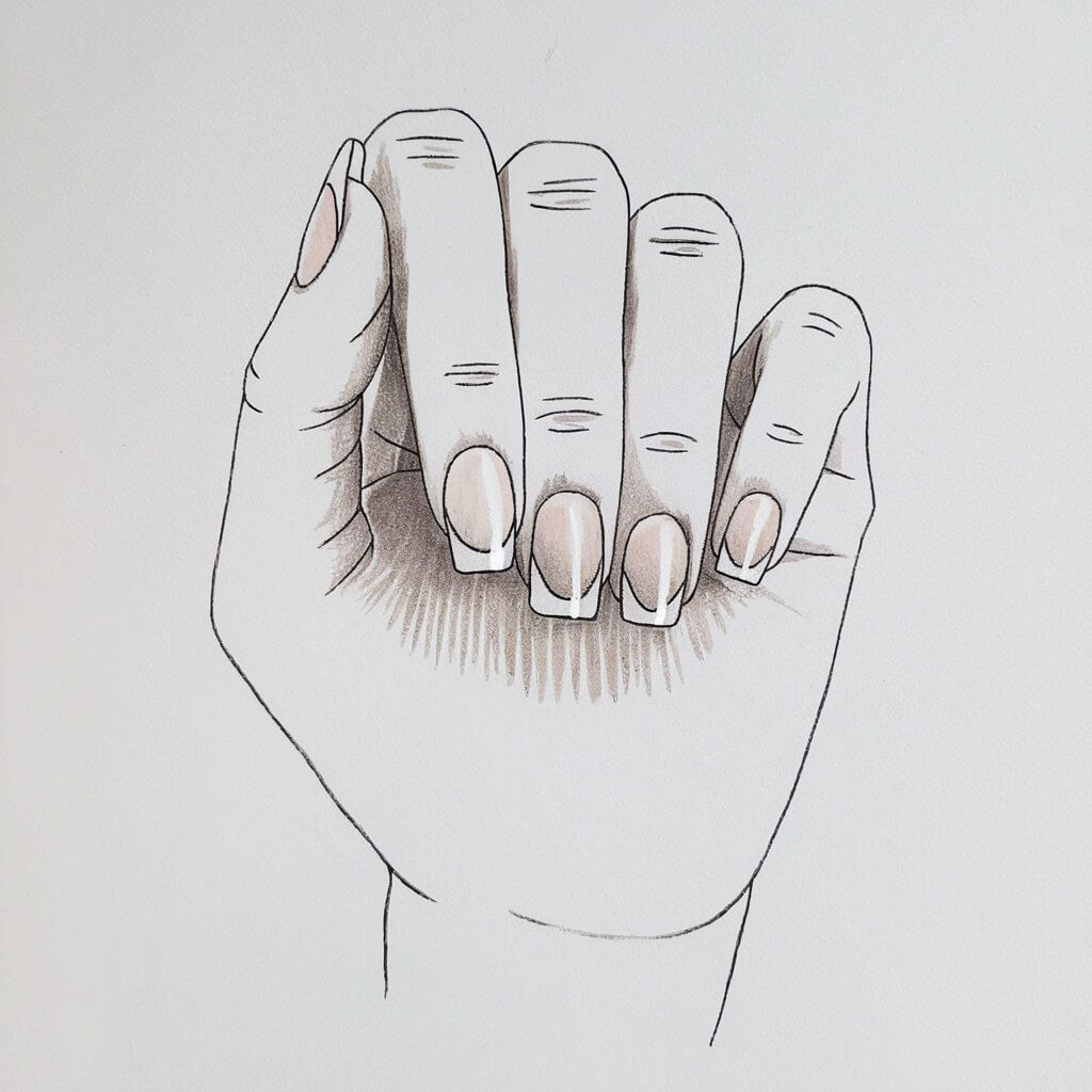 A minimalist, plain white background pencil drawing illustration of a five fingered woman's hand with a set of nails with classic French tips. The nails are shaped with smooth, clean lines, featuring a gently curved white tip that subtly contrasts with the lightly shaded base. Fine pencil strokes indicate the soft transition between the tip and nail bed. The nails base is colored ink. The fingers are gracefully positioned, highlighting the symmetrical elegance of the manicure. The shading is kept minimal yet effective, emphasizing the polished and glossy nature of the nails. Drawn in a simplistic style, the image captures the timeless sophistication of the French manicure.