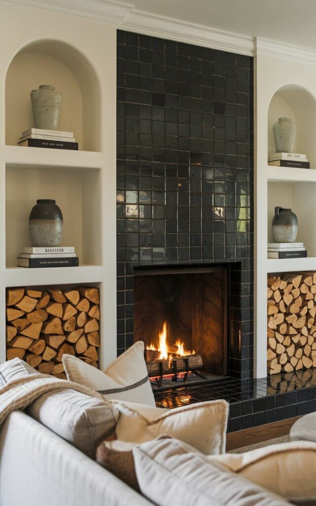 A photo of a stylish living room with a modern fireplace. There are built-in niches on either side of the fireplace, holding neatly stacked firewood, decorative books, and ceramic vases. The black tile surround contrasts elegantly with the white built-ins. A cozy sofa with soft cushions and a woven throw sits close by. The warm glow of the fire enhances the inviting ambiance.