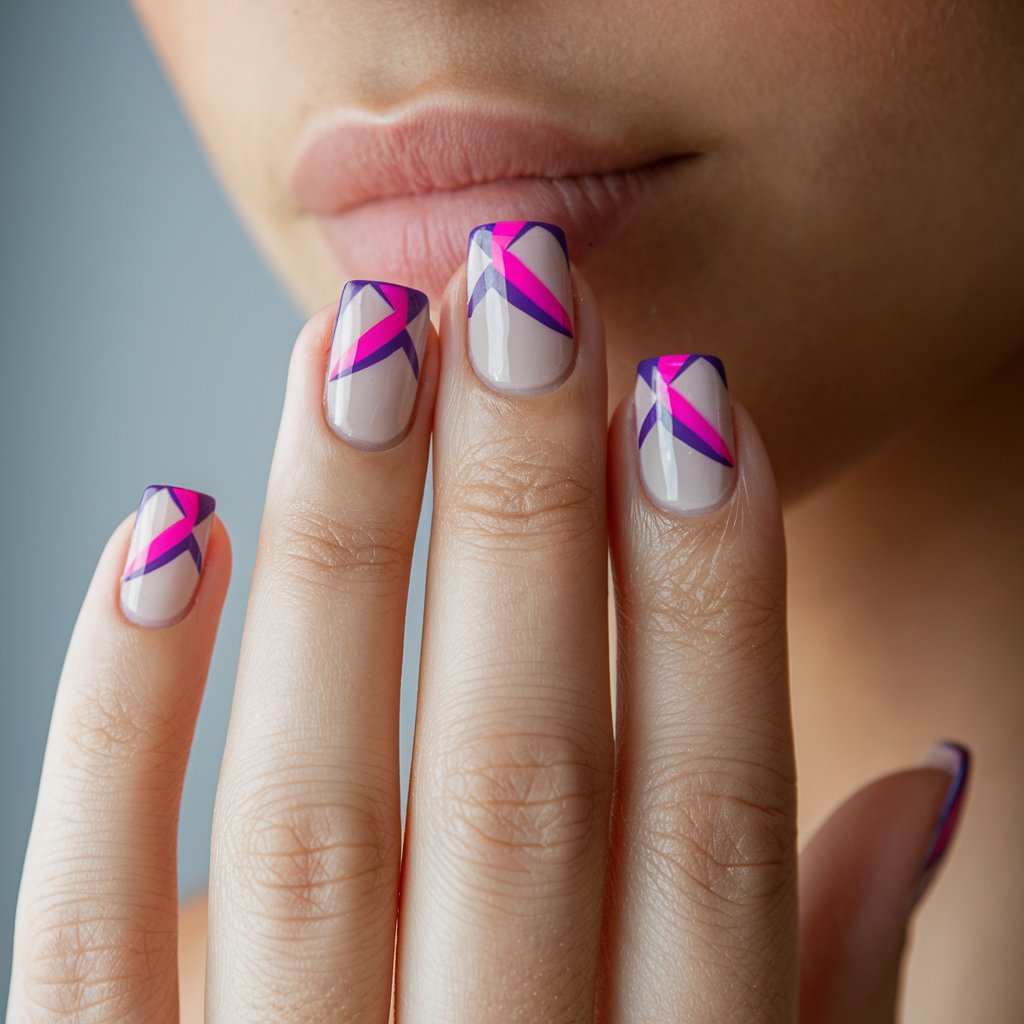 A close-up of a well-moisturized woman's hand displaying five fingers with a bold geometric nail design featuring neon pink and purple shapes against a neutral base. The crisp, angular patterns stand out under natural background lighting, creating a futuristic and edgy look. The square nail shape enhances the contemporary feel, while the perfectly groomed cuticles and radiant skin highlight the sharp contrast of the purple and pink nails.