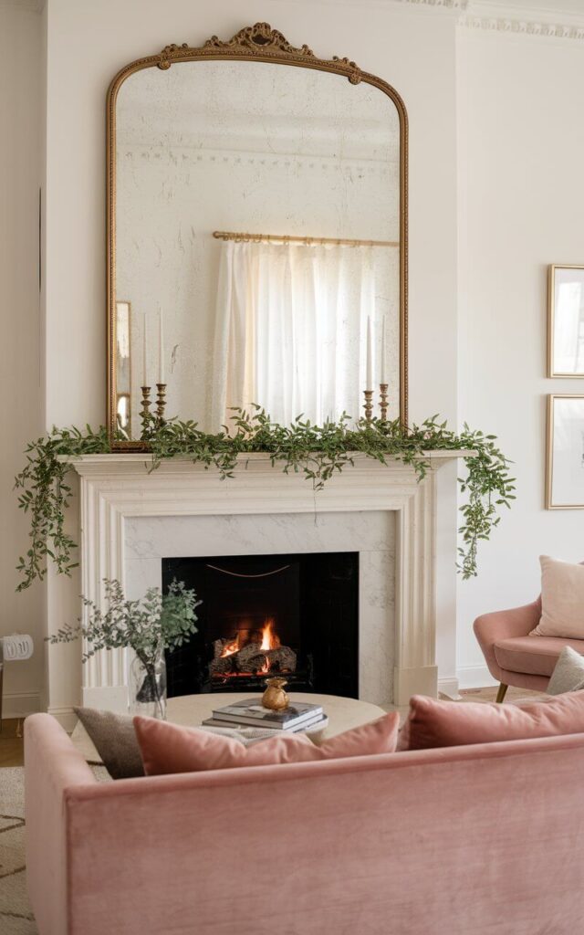 A chic living room with a grand mantel-to-ceiling mirror fireplace makeover. The oversized mirror, framed in an ornate gold trim, reflects light beautifully, making the space feel airy and elegant. The classic white mantel below holds delicate candlesticks and lush greenery. A cozy sofa in blush pink velvet sits in front of the fireplace and a round coffee table. The fire's warm glow and soft lighting make the space feel effortlessly sophisticated.