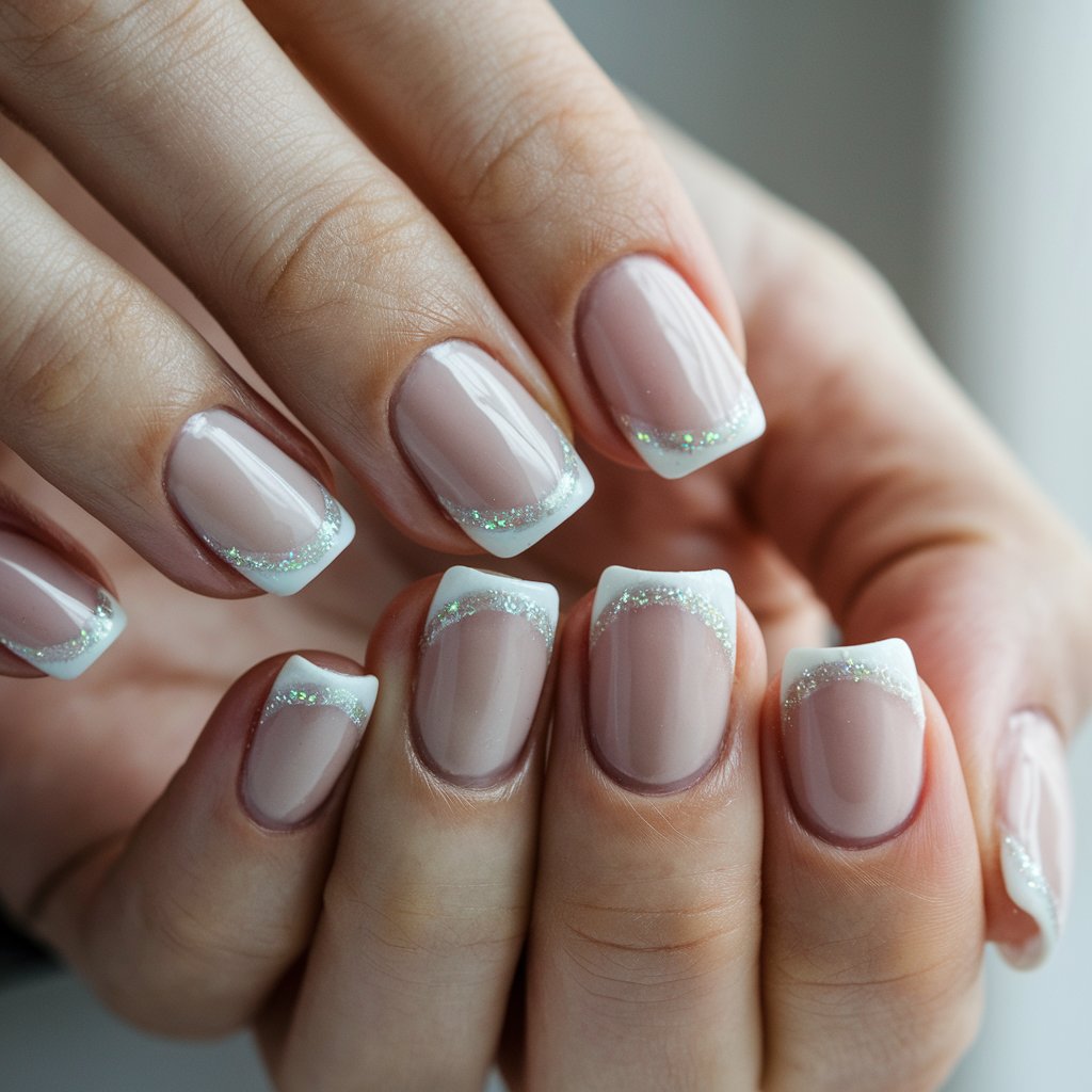 A close-up of a woman's hand with a refined milky French manicure. The nails have a soft pinkish-nude base and are covered in a milky white polish. There is a delicate glitter border along the white tips of the nails. The nails are positioned gracefully, slightly bent to capture the delicate sparkle from multiple angles. The natural lighting enhances the glitter's reflection, making the manicure glow softly. The well-groomed cuticles and blurred neutral background contribute to the polished, elegant aesthetic.