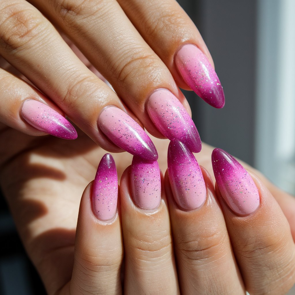 A close-up shot of a woman's hand with a pink-to-plum gradient manicure. The nails are long and almond-shaped. There is fine glitter dusted over the nails, which catches the light and adds a glamorous touch. The skin on the hand is smooth and flawless, providing a perfect base for the vibrant nails. The background is natural light.