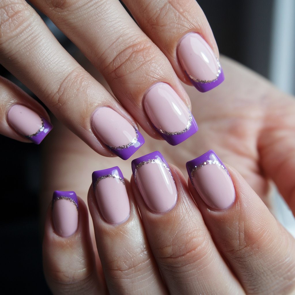 A close-up photo of a woman's hand with a well-moisturized skin and a French tip manicure. The nails have a subtle square shape and are pink with purple tips. The tips are outlined with a fine glitter border. The nails have a subtle square shape, and the nourished skin enhances the crisp, refined beauty of the purple and pink nails. The background is natural light.