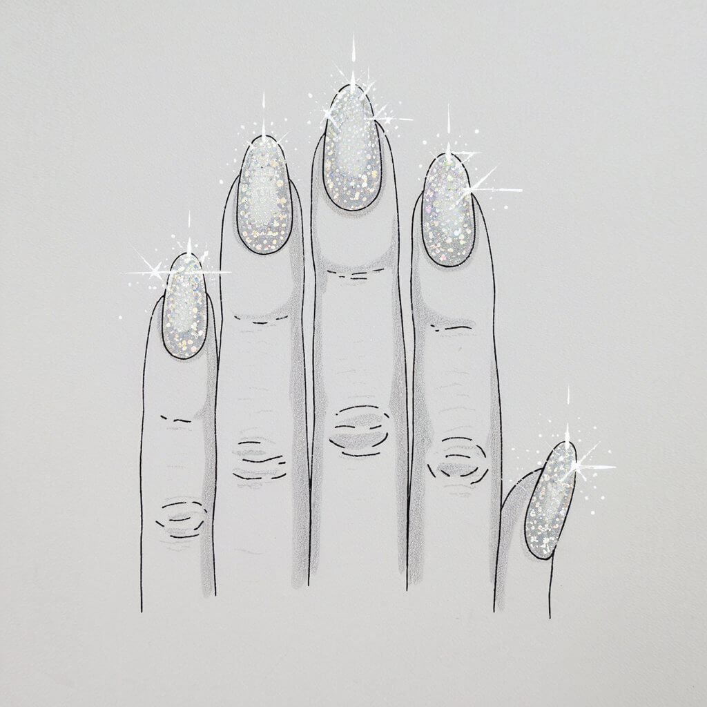 A minimalist, plain white background pencil drawing illustration of medium-length nails adorned with a shimmering glitter effect. The nails are gently curved and taper slightly at the tips, reflecting a natural yet refined shape. Fine stippling and soft shading create the illusion of tiny sparkling particles covering the surface. Light pencil strokes around the edges add dimension, making the nails appear glossy. The fingers are relaxed, with subtle creases at the knuckles for realism. Drawn in a simplistic style, the shimmering effect stands out against the plain white background, emphasizing the glamorous aesthetic.