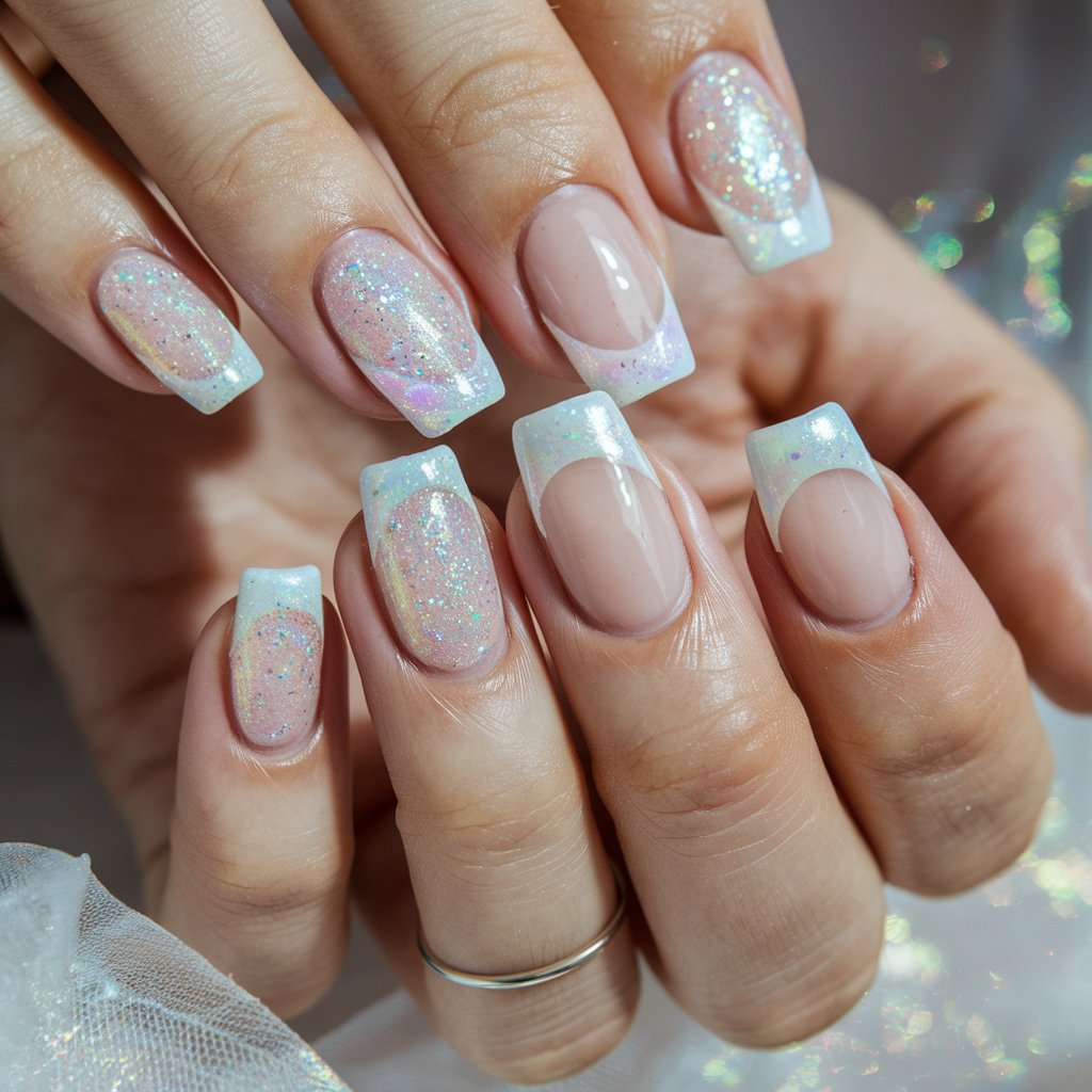 A close-up photo of a woman's hand with five fingers adorned with milky French nails enhanced by an iridescent glitter overlay. The fine shimmer catches the natural light, creating a luminous, ethereal glow over the sheer pink base and soft white tips. The glossy finish amplifies the sparkling effect. Her fingers are slightly curled, allowing the glitter to reflect beautifully from different angles. The softly blurred background enhances the dreamy aesthetic of the manicure, while her well-groomed cuticles and hydrated skin contribute to the flawless presentation. A simple silver band adds a delicate finishing touch.