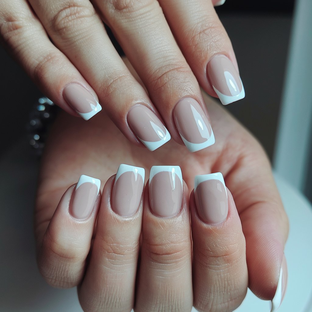 A close-up photo of a woman's hand with five fingers elegantly aligned, showcasing freshly done square-shaped milky French nails. The nails have a nude-pink base and crisp white tips, with an ultra-glossy finish that reflects the surrounding natural light. The clean edges of the square shape create a bold yet sophisticated effect. Her hand is positioned gracefully, fingers slightly relaxed to highlight the uniformity of the manicure. The natural lighting enhances the nails' shine, while her smooth skin and neatly trimmed cuticles contribute to the overall polished look. A delicate bracelet adds a refined accent.