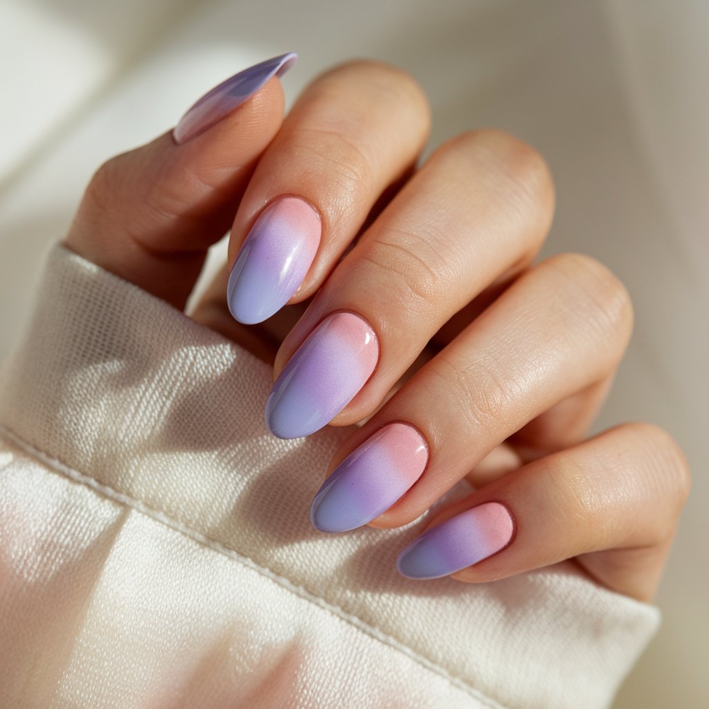 A close-up of a woman's hand showing five fingers adorned with a flawless ombre manicure in shades of lavender and soft rose pink. The nails transition seamlessly from a pale pink base to a dreamy purple tip, with a high-gloss finish enhancing the gradient effect. Each nail is shaped into a sleek almond form, elongating the fingers for a delicate and feminine look. The hand is gently resting on a soft, white fabric, providing a neutral backdrop that highlights the rich colors. Natural lighting enhances the glossy surface, creating a subtle reflection that adds depth to the ombre design. The skin appears smooth, and the cuticles are meticulously groomed, ensuring a clean and polished presentation.