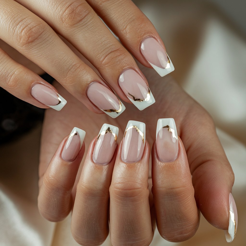 A close-up shot of a woman's hand with five perfectly manicured fingers, each with a sophisticated coffin-shaped, milky French nail. The nails have a soft pink base that gradually fades into creamy white tips, creating a seamless, natural gradient. Delicate gold foil accents are carefully applied, adding a touch of luxury to the classic French manicure. The fingers are gracefully spread, highlighting the intricate gold accents. The background is blurred and composed of soft, neutral tones, drawing attention to the nails. The well-groomed cuticles and moisturized skin add to the polished appearance.