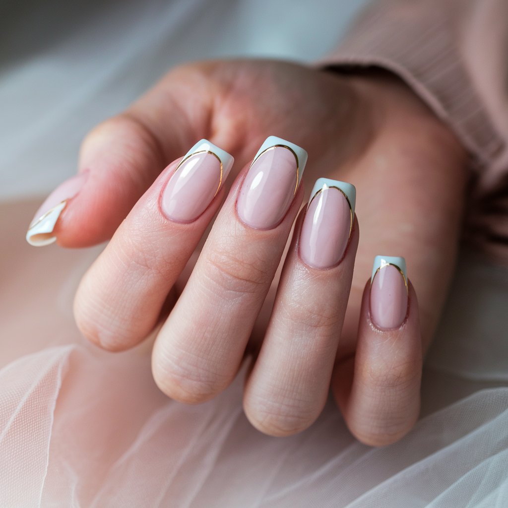 A photo of a woman's hand with five milky French nails, each with a fine gold line tracing the tips. The nails have a glossy finish and are set against a soft white and nude-pink background. The woman's fingers are delicately spread apart, allowing the gold detailing to be seen. The background is blurred, and the nails catch the natural light, enhancing their elegance.