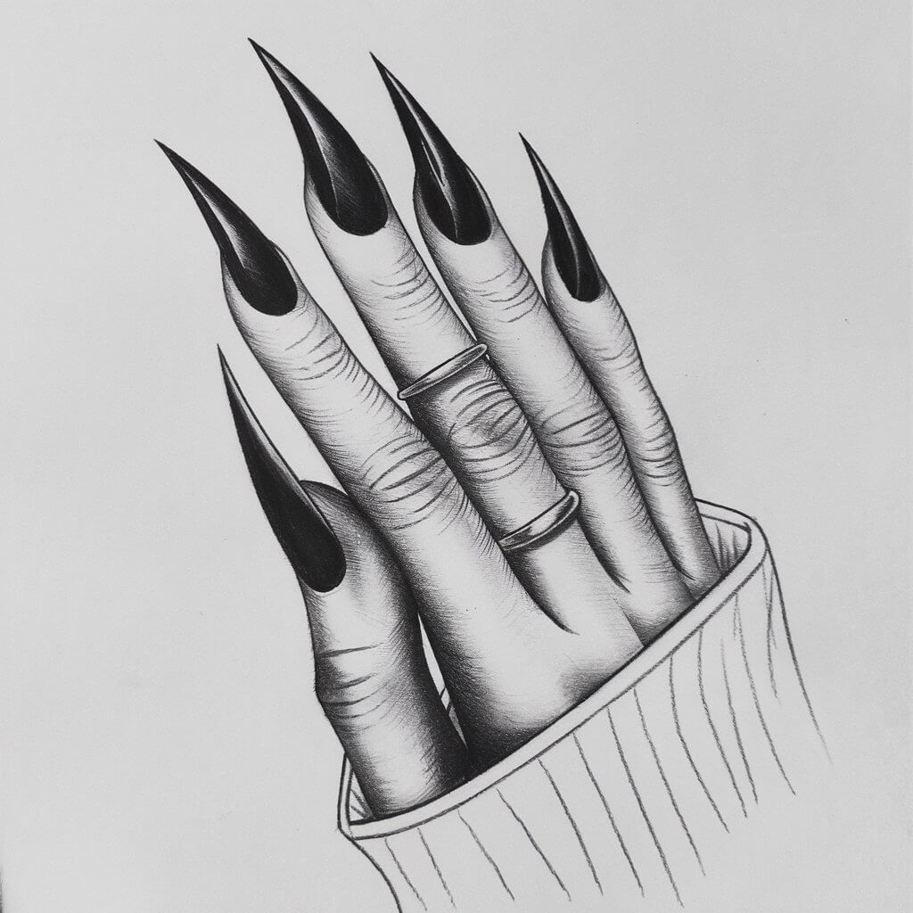 A pencil drawing of gothic-style nails on elongated fingers. The nails are sharp, pointed, and curved, resembling stiletto shapes. Heavy pencil shading along the nails simulates dark, glossy nail polish. The fingers are adorned with subtle linework indicating silver rings. The background is plain white. The drawing has a minimalist style and a high-contrast effect.