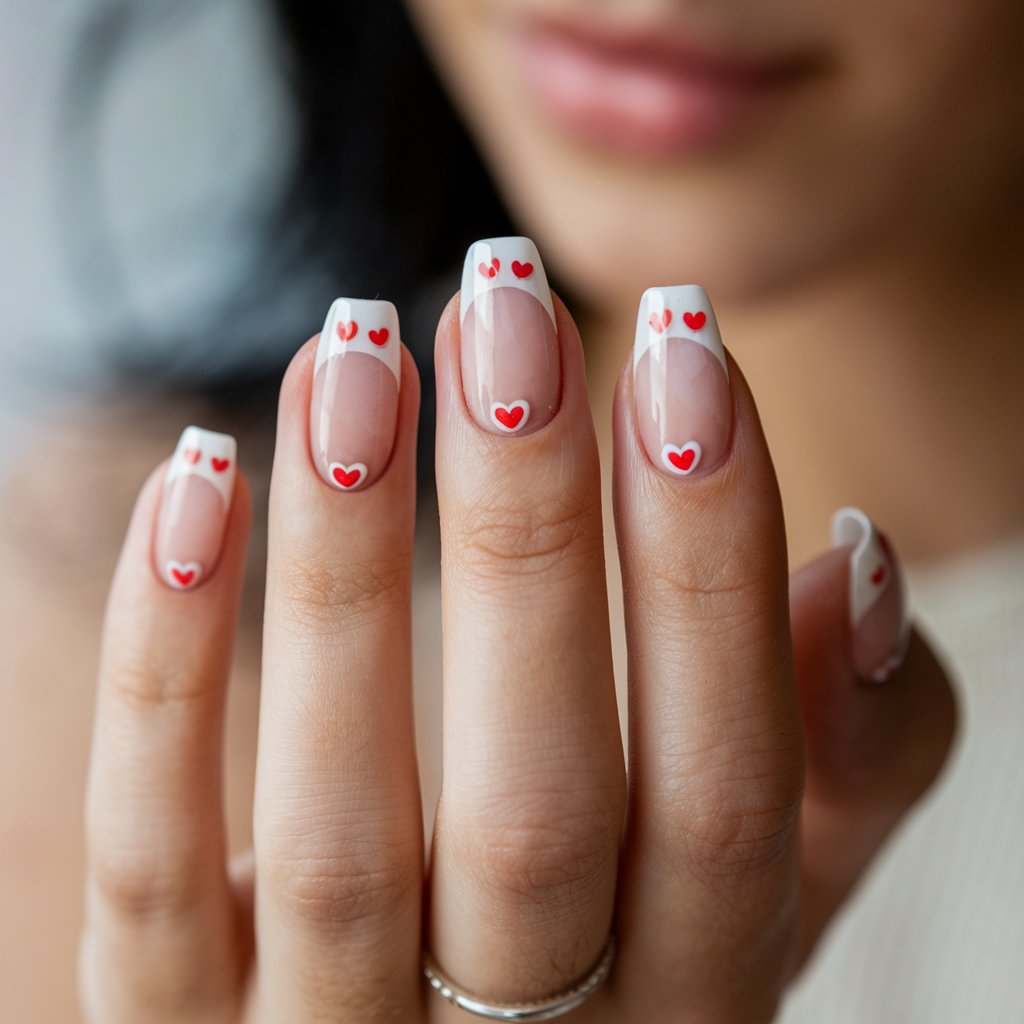 A close-up of a woman's hand with five fingers adorned with milky French nails featuring dainty heart accents. The soft pinkish-nude base transitions into crisp white tips, with tiny red and white hearts delicately placed near the cuticle or along the tips for a playful, romantic touch. Her fingers are slightly curved, allowing the natural lighting to highlight the glossy finish and intricate heart details. The blurred background enhances the charm of the manicure, while her neatly groomed cuticles and smooth skin contribute to the refined look. A simple silver ring adds a sweet finishing touch.