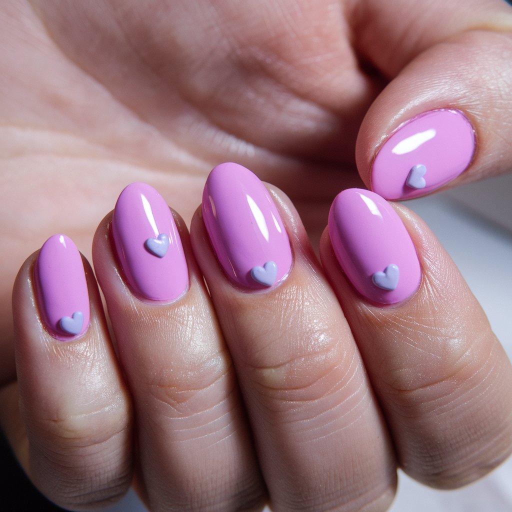 A photo of a woman's hand with five fingers, each featuring a playful bold Barbie pink nails with delicate lilac accents. Tiny lilac heart details adorn every nail, enhancing the vibrant contrast. The glossy finish reflects natural lighting, making the colors pop. The short, rounded nail shape keeps the look fun and flirty, while the silky skin adds to the effortlessly chic aesthetic.