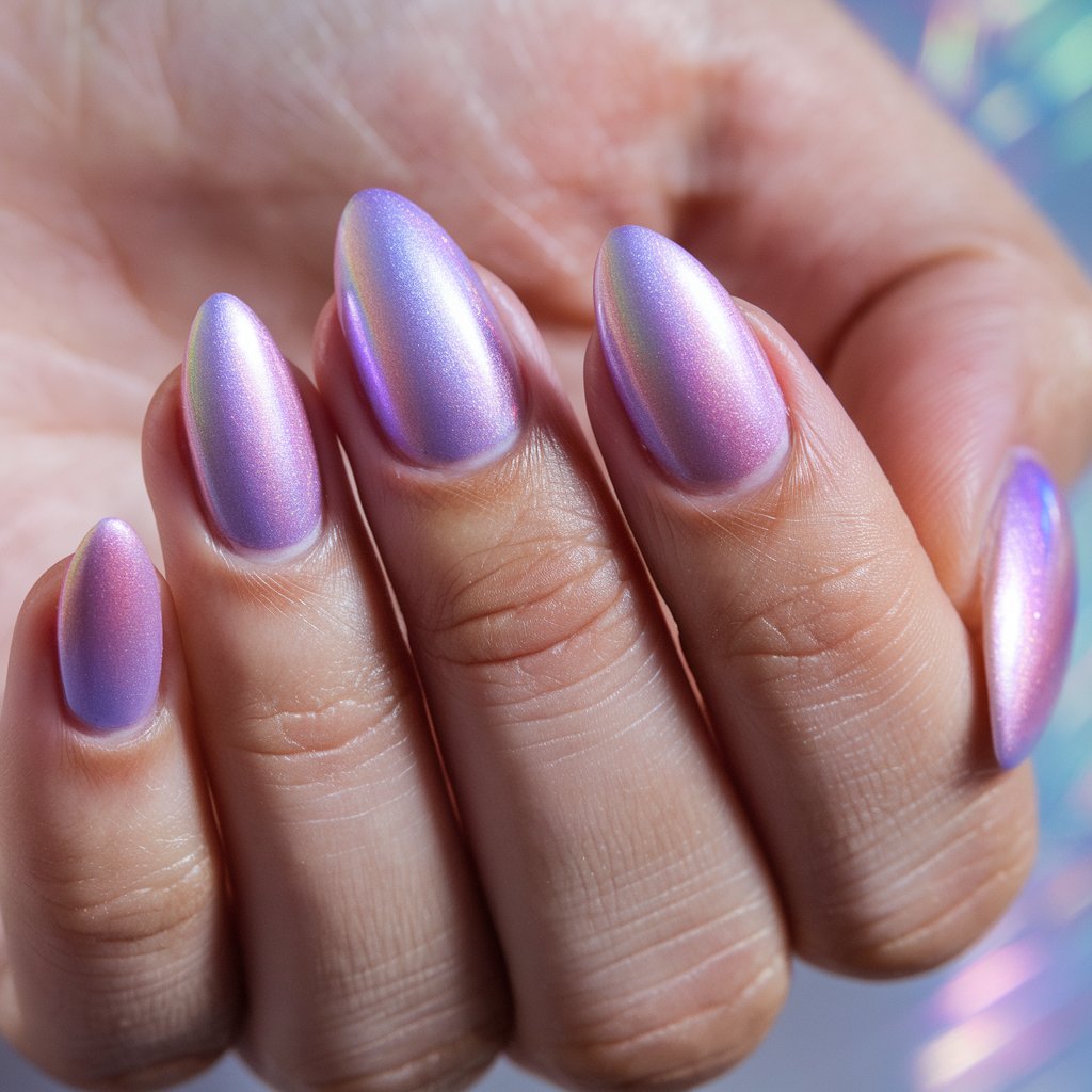 A photo of a well-moisturized woman's hand showcasing five fingers adorned with mesmerizing holographic nails in shades of pink and lavender. The iridescent shimmer shifts under the natural background lighting, displaying a spectrum of light-reflecting colors. The nails have a soft oval shape, and the glowing skin accentuates the futuristic and dreamy appearance of the purple and pink nails.