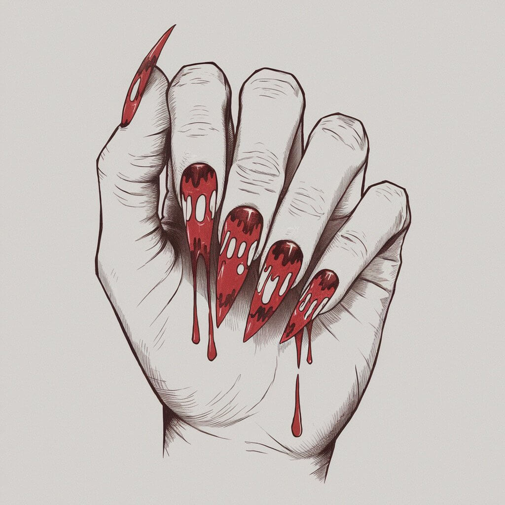 A pencil drawing illustration of a five-fingered woman's hand with sharp, slightly jagged nails. The nails have a horror-inspired, dripping red blood color effect. The nails are sharp and slightly jagged, featuring thick, uneven drops of liquid dripping from the tips. Deep shading enhances the illusion of wet, glossy blood, creating a striking contrast against the pale nail beds. The fingers are slightly curled, adding to the eerie atmosphere. The drawing is minimalist and plain white background.