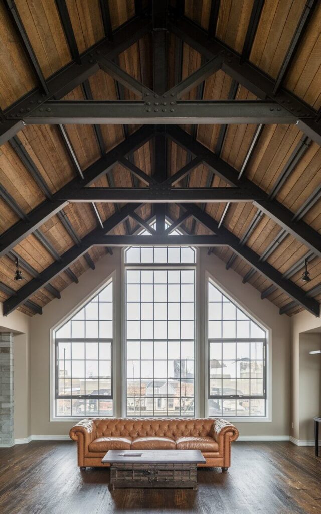 A photo of a living room with a bold vaulted ceiling. The room features industrial-style exposed steel beams that contrast beautifully with the wooden ceiling panels. The combination of metal and wood creates a striking balance between rugged and refined. Below, a very cozy sofa in warm caramel leather and coffee table sits atop a dark-stained wood floor. Oversized windows enhance the loft-like industrial aesthetic.