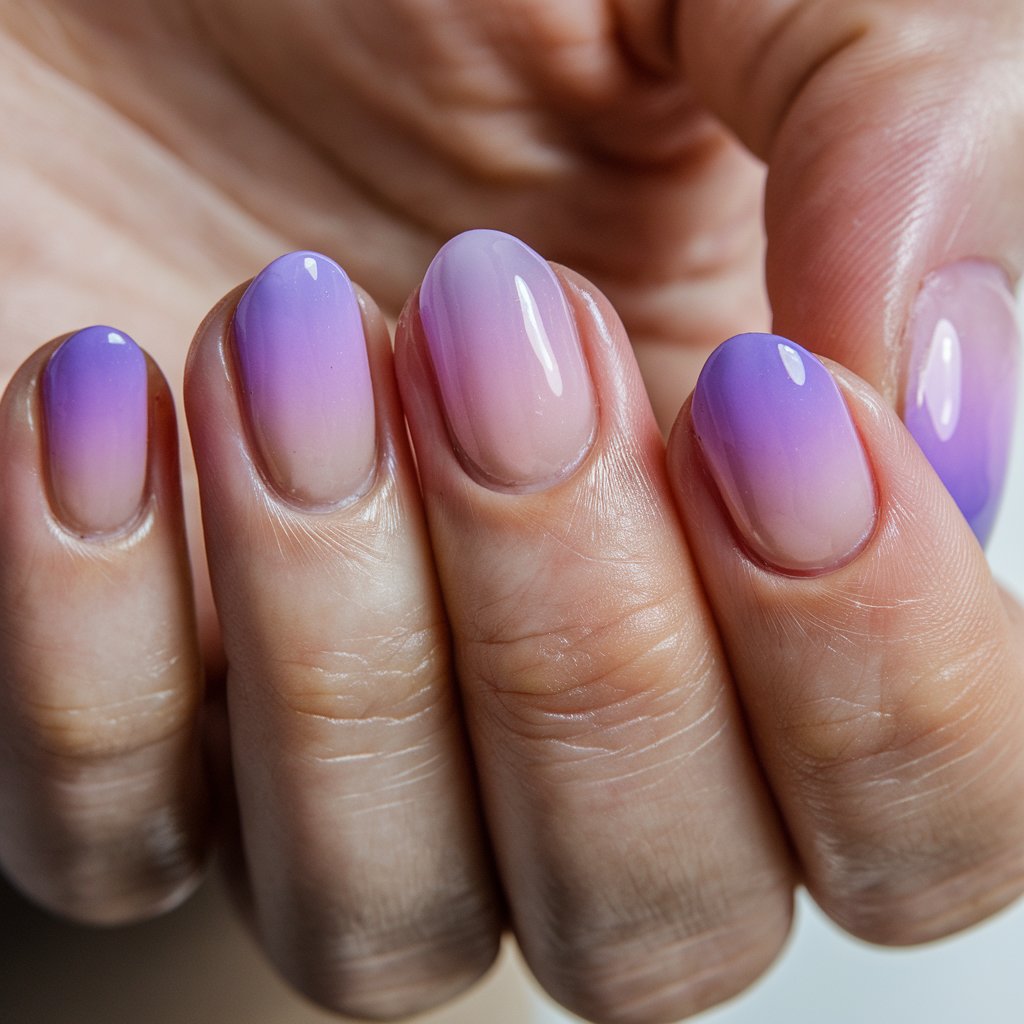 A close-up shot of a woman's hand with five fingers. Each finger has a sheer jelly nail in a soft pink and lavender gradient. The nails have a semi-translucent effect and glow under natural background lighting. The nails have a short, rounded shape, giving them a playful and delicate aesthetic. The woman's skin is well-hydrated, complementing the youthful and glossy appeal of the purple and pink nails.